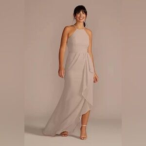 David’s Bridal High Neck Chiffon Bridesmaid Dress with Cascade in Biscotti Sz 8